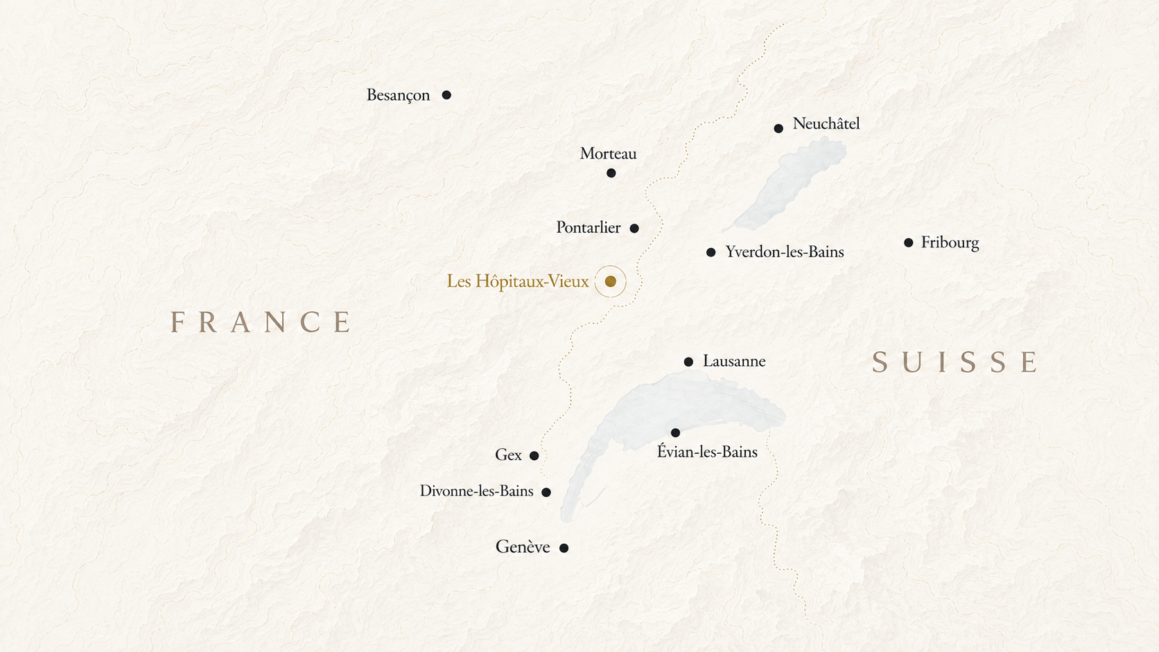 Carte de la zone d’intervention AP Atelier depuis Les Hôpitaux-Vieux, près de Pontarlier, vers Besançon, Morteau, Lausanne, Genève, Neuchâtel, Fribourg, Gex, Divonne-les-Bains et Évian-les-Bains