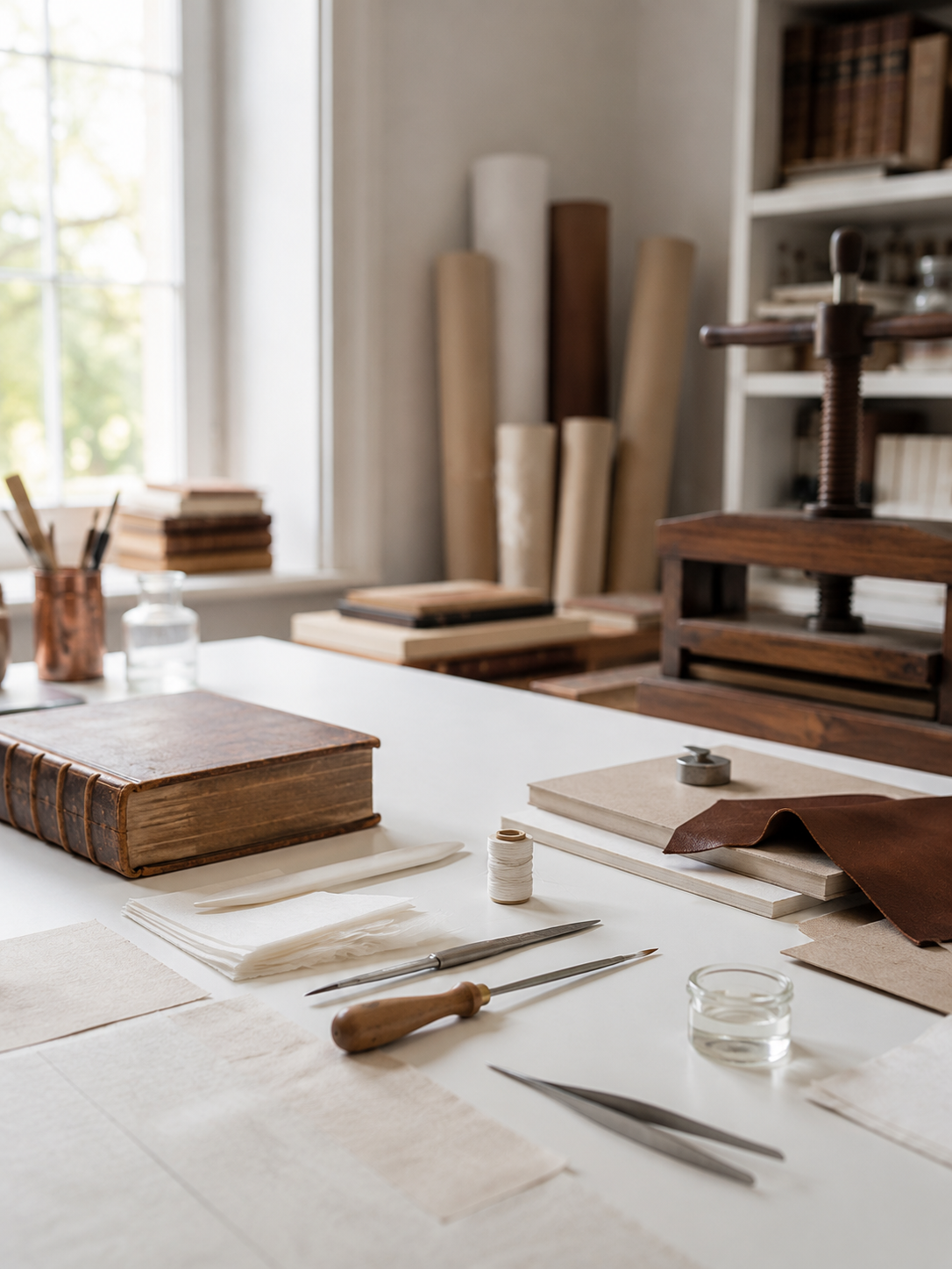 Restauratrice travaillant sur un livre ancien dans un atelier de reliure